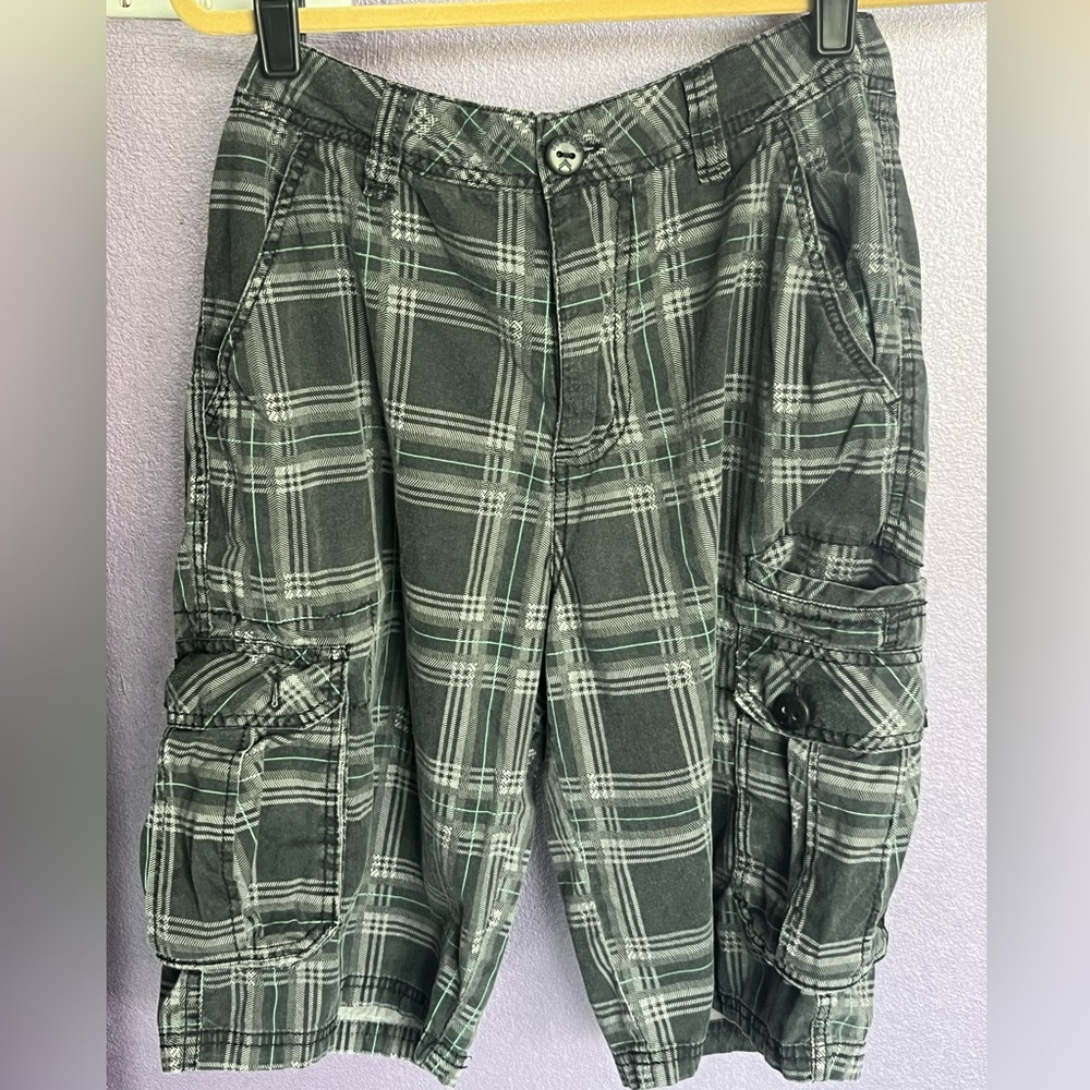 Surplus Plaid gray green Mens cargo shorts beach trunks swim walking Golf tennis